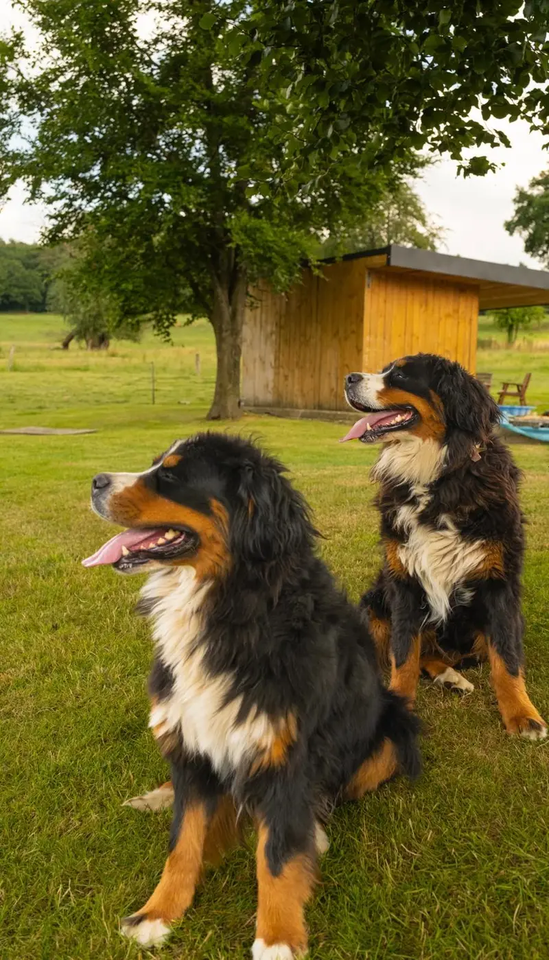 Deux Bouviers Bernois adultes assis dans la prairie de la ferme, devant leur abri en bois